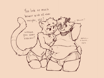 anthro antlers bell bell_collar belly_grab blush boxers_(clothing) chubby_cheeks clothed clothing collar duo embarrassed fangs feederism hand_behind_head hand_on_another's_belly horn male midriff navel overweight overweight_anthro overweight_male shirt sidecut slightly_chubby slightly_chubby_anthro slightly_chubby_male standing teeth text topwear underwear weight_gain chubbierjako jako_(chubbierjako) deer domestic_cat felid feline felis mammal 2026 english_text line_art nonbinary_(lore)