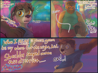 adult_on_young age_difference anthro bottomwear clothed clothed_anthro clothed_male clothing dialogue duo fully_clothed fully_clothed_anthro fully_clothed_male grumpy imminent_rape imminent_sex kidnapping male male/male male_anthro open_mouth outside plant raised_clothing raised_shirt raised_topwear shirt shorts shoulder_grab t-shirt tank_top text threatening tongue tongue_out topwear wide_eyed young young_anthro young_male clubskunk erik_(clubskunk) bear canid canine canis domestic_dog mammal ursine 4:3 comic english_text hi_res