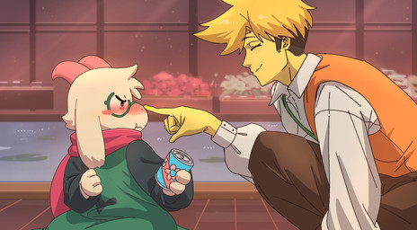 2_horns anthro biped blonde_hair blush blush_stickers blushing_profusely brown_hair can clothed clothing container detailed_background duo embarrassed eye_contact eyewear floppy_ears flower fluffy fur glasses hair heart_symbol holding_can holding_container holding_object horn kneeling looking_at_another male male_anthro multicolored_hair pink_horn plant poking puffed_cheeks scarf snout two_tone_hair wearing_glasses white_body white_fur yellow_body yellow_skin mengmang777 deltarune undertale_(series) flowery_(deltarune) ralsei bovid caprine darkner elemental_creature flora_fauna flower_creature goat human mammal seven_flowers 2026 digital_drawing_(artwork) digital_media_(artwork) english_description hi_res