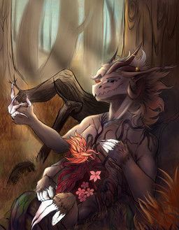 6_legs feral flower forest glowing glowing_eyes glowing_nails gold_(metal) gore guts horn male organs plant solo swamp tree haid_drex(algaria) rafus_treff taur absurd_res hi_res