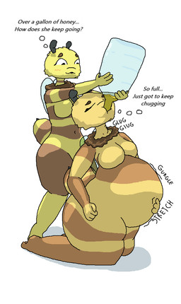 antennae_(anatomy) anthro arthropod_abdomen belly belly_inflation big_belly breasts brown_body chugging duo featureless_breasts featureless_crotch female huge_belly huge_hips huge_thighs inflation kneeling navel non-mammal_breasts rumbling_stomach standing striped_body stripes stuffing text thick_thighs thought_bubble wide_hips wings yellow_body 6saw789 bee_(6saw789) honey_(6saw789) arthropod bee honey_bee hymenopteran insect 2024 aliasing digital_drawing_(artwork) digital_media_(artwork) english_text shaded