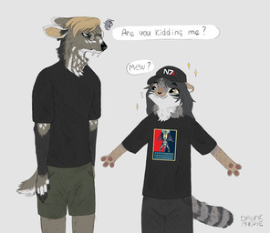 angry anthro argument black_clothing black_nose black_shirt black_t-shirt black_topwear blonde_hair bottomwear brown_body brown_fur clothed clothing displeased duo ear_piercing eyewear fangs female fingers fluffy fluffy_tail fur furry_tail glasses green_bottomwear green_clothing green_eyes green_shorts grey_body hair hat headgear headwear male male/female markings multicolored_body multicolored_fur piercing print_clothing print_shirt print_t-shirt print_topwear shirt shorts smile speech_bubble striped_markings striped_tail stripes t-shirt tail tail_markings teeth text topwear wearing_glasses drunkmagpie bioware electronic_arts mass_effect n7 felid feline mammal moschid musk_deer pallas's_cat reaper_(mass_effect) english_text hi_res