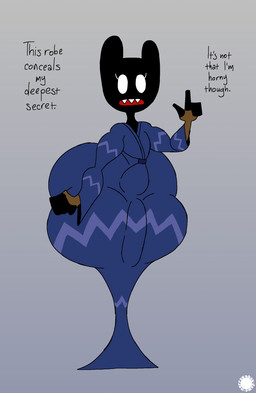 anthro big_butt black_body bubble_butt butt clothing curvy_figure dialogue erection erection_under_clothing eyelashes fangs femboy fingerless_gloves gloves handwear logo male robe small_waist solo teeth text thick_thighs wasp_waist wide_hips thatdawgmurray evrael_(thatdawgmurray) 2026 aliasing artist_logo artist_name digital_media_(artwork) english_text hi_res signature