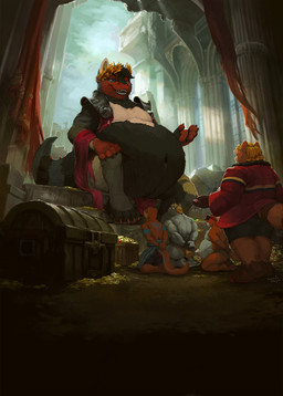 anthro armor belly big_belly gold_(metal) gold_jewelry group imminent_vore jewelry king kneeling male male/male oral_vore royalty sacrifice size_difference treasure treasure_chest tribute vore nommz hasbro magic:_the_gathering wizards_of_the_coast mammal mustelid otter rhinoceros 2024 hi_res