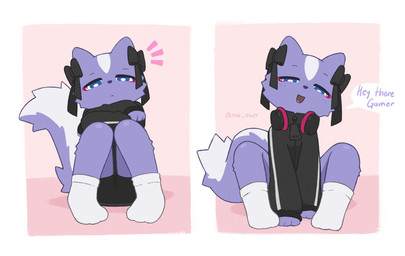accessory anthro black_clothing black_jacket black_topwear blue_eyes bow_ribbon clothing crossed_arms dialogue facial_tuft female footwear fur hair_accessory hair_bow hair_ribbon jacket narrowed_eyes open_mouth open_smile purple_body purple_fur ribbons sitting smile smiling_at_viewer socks solo speech_bubble talking_to_viewer text topwear tuft rolo_stuff aggretsuko sanrio shikabane_(aggretsuko) mammal mephitid skunk artist_name digital_drawing_(artwork) digital_media_(artwork) english_text hi_res