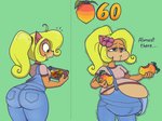 anthro belly big_belly big_butt blonde_hair breasts butt clothing female food fruit green_background green_eyes hair overweight overweight_anthro overweight_female plant potbelly shirt simple_background solo stuffing topwear wide_hips wumpa_fruit vendant activision crash_bandicoot_(series) coco_bandicoot bandicoot mammal marsupial 2020 hi_res