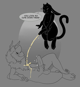antennae_(anatomy) anthro big_penis black_body black_fur bodily_fluids duo eyes_closed floating floppy_ears fur genital_fluids genitals grey_background hand_on_penis happy heart_symbol holding_penis hooves horn huge_penis long_penis male male/male male_peeing nude peeing peeing_on_another penis simple_background smile speech_bubble tail thick_thighs urine watersports abigrock mascot_(abigrock) vigmarr_(vigmarr) arthropod demon imp hi_res