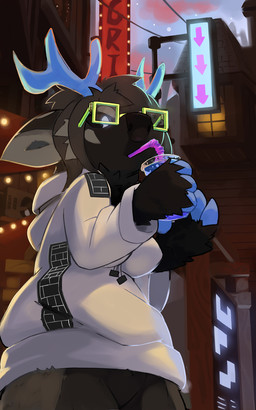 anthro antlers black_body black_fur black_sclera blue_antlers brown_hair clothed clothed_anthro clothed_female clothing container cup detailed_background drinking eyewear featureless_crotch female fur glasses hair holding_container holding_cup holding_object hoodie horn outside solo topwear wearing_glasses white_clothing white_hoodie white_topwear ozoneserpent wander_(ozoneserpent) deer mammal 2019 hi_res