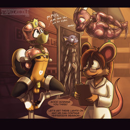 anthro ball_gag bdsm bondage bound chastity_cage chastity_device clipboard clothed clothing crown dialogue eye_roll eyewear feet female furgonomic_eyewear furgonomics gag gagged gagged_talk genitals group hair headgear heart_symbol holding_clipboard holding_object hood latex latex_clothing long_term long_term_bondage looking_at_another machine male male/male milking_machine muzzle_(object) muzzled navel paws penile penis penis_milking restraints sleepsack smile speech_bubble submissive tail vacuum_bed vowelless vowelless_vocalization stripedcrocodile mythology lucille_(stripedcrocodile) pinereese wilcanyx border_collie canid canine canis collie domestic_dog dragon herding_dog mammal mouse murid murine mythological_creature mythological_scalie pastoral_dog rodent scalie sheepdog 1:1 2022 digital_drawing_(artwork) digital_media_(artwork) hi_res letterbox