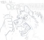 5_fingers angry beverage bodily_fluids caffeine claws coffee container cup fingers fist food fur glaring humor male parody saliva screaming solo teeth text autumn_sunrise canid canine canis mammal wolf english_text meme monochrome sketch