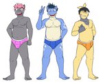 5:4 anthro anthrofied black_hair blue_briefs blue_clothing blue_eyes blue_hair blue_underwear briefs briefs_only bulge clothed clothing full-length_portrait fuze generation_3_pokemon gesture grey_eyes group hair hand_gesture hi_res makuhita male navel nintendo nipples one_eye_closed open_mouth orange_briefs orange_clothing orange_underwear pink_briefs pink_clothing pink_hair pink_underwear pokemon pokemon_(species) pokemorph portrait simple_background slightly_chubby smile spheal spoink teeth_showing tongue_showing topless trio underwear underwear_only v_sign white_background wink