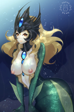 areola big_breasts breasts female looking_at_viewer monster_girl_(genre) nipples solo split_form underwater water tofuubear league_of_legends riot_games tencent nami_(lol) animal_humanoid aquatic aquatic_humanoid fish fish_humanoid humanoid merfolk 2016
