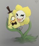 1_eye bodily_fluids bow_tie clothing duo flower hat headgear headwear male male/male not_furry plant saliva saliva_on_body saliva_on_tongue simple_background smile tears triangle_(shape) yellow_body gfolz disney gravity_falls undertale undertale_(series) bill_cipher flowey_the_flower demon euclidean eye_of_providence mammal