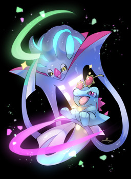 ambiguous_gender anthro beak biped black_sclera blue_body blue_tail choice_specs duo front_view open_mouth red_eyes simple_background sitting tail teeth tongue yellow_eyes nullma nintendo pokemon pokemon_legends_z-a aquatic cephalopod crocodilian generation_2_pokemon generation_9_pokemon mega_evolution mega_malamar mollusk pokemon_(species) reptile scalie totodile 2025 absurd_res digital_drawing_(artwork) digital_media_(artwork) hi_res