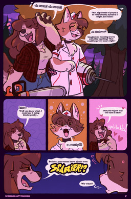 anthro big_syringe breasts chainsaw chest_tuft choker cleavage clothed clothing dialogue emanata eyewear female female_anthro femboy freckles glasses headgear headwear heart_symbol inner_ear_fluff jewelry laugh male male_anthro navel necklace night nurse_clothing nurse_headwear open_:3 outside pawpads plant power_tool speech_bubble tail text tools tree tuft puppeypawbs maple_(puppeypawbs) syrup_(puppeypawbs) bird_dog calico_cat canid canine canis domestic_cat domestic_dog felid feline felis hunting_dog mammal spaniel 2025 comic english_text hi_res url