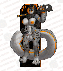 animal_genitalia anthro areola balls big_balls big_breasts big_hands black_hair breasts chest_tuft chevron_(marking) fangs feet fluffy fluffy_tail fully_sheathed fur genitals grey_body grey_breasts grey_fur gun gynomorph hair intersex lightning_bolt_marking long_tail markings nipples orange_areola orange_hair orange_insides orange_nipples orange_pawpads pawpads ranged_weapon sheath solo spots tail teeth toes tuft weapon seraziel felid leopard mammal pantherine 2026 hi_res watermark