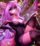 ahoge anthro black_nose blue_eyes bokeh breasts cleavage clothed clothing eyelashes female fur hair insect_wings leggings legwear looking_at_viewer one_piece_top pink_body pink_fur purple_hair smile solo wings adorableinall mariah_veiethe canid canine canis fox mammal wolf digital_media_(artwork) hi_res