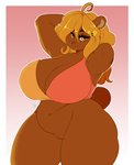 2020 accessory amber_eyes anthro bear big_breasts blonde_hair bottomless breasts brown_bear cleavage clothed clothing crotch_tuft curvy_figure digital_media_(artwork) female geeflakes genitals gradient_background hair hair_accessory hairclip hands_behind_head hi_res honey_mandise huge_breasts long_hair looking_at_viewer mammal pussy signature simple_background slightly_chubby solo standing thick_thighs tuft ursine voluptuous wide_hips