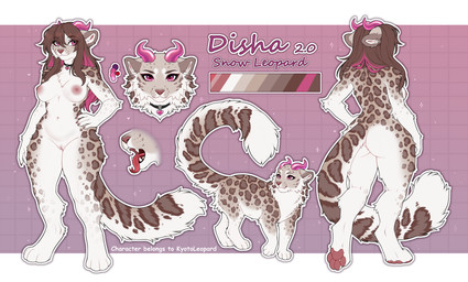 anthro areola biped breasts butt claws collar feet female feral fingers front_view fur genitals hair horn looking_at_viewer markings navel nipples nude nude_anthro nude_female rear_view solo spots spotted_body spotted_fur spotted_markings spotted_tail standing tail tail_markings text toes vulva kyotoleopard disha_2.0_(kyotoleopard) felid mammal pantherine snow_leopard 2026 absurd_res digital_drawing_(artwork) digital_media_(artwork) english_text hi_res model_sheet