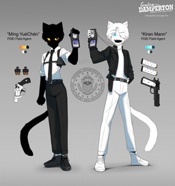 anthro belt black_body black_bottomwear black_clothing black_footwear black_hair black_harness black_pants black_shoes blue_eyes bottomwear clothing color_swatch duo footwear gun hair handgun harness logo logo_parody male male/male necktie pants pistol pistol_holster police police_badge police_officer police_uniform ranged_weapon revolver rolled_up_sleeves shirt shoes tail text topwear uniform weapon white_body white_clothing white_hair white_shirt white_topwear yellow_eyes dullanboi kiran_mann_(dullanboi) ming_yue_chen_(dullanboi) felid feline humanoid mammal concept_art english_text hi_res model_sheet