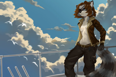 anthro belly_tuft belt blue_eyes bomber_jacket bottomwear breasts brown_hair claws clothed clothing cloud countershading crotch_lines dipstick_ears ear_markings eye_patch eyewear facial_tuft female finger_claws fingers fluffy fluffy_tail fully_clothed fur grey_body grey_fur hair hip_tuft inner_boob inner_ear_fluff jacket leaning_on_railing leather leather_clothing leather_jacket leather_topwear markings metal multicolored_ears navel navel_tuft oversized_bottomwear oversized_clothing pockets railing sky skyscape solo tail topwear tuft white_body white_fur wind taiyokami mammal procyonid raccoon absurd_res hi_res