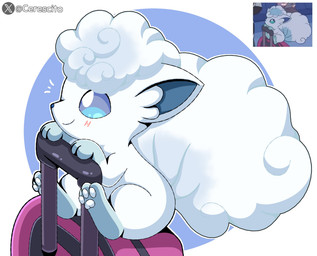 ambiguous_gender blue_body blue_eyes blue_fur blush feral fur happy multi_tail pawpads riding_object scene_interpretation screencap simple_background smile solo suitcase tail white_background white_body white_fur cerescito nintendo pokemon alolan_form alolan_vulpix canid canine generation_7_pokemon mammal pokemon_(species) regional_form_(pokemon) hi_res signature
