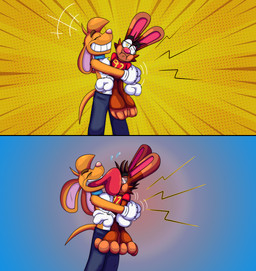 3_toes 4_fingers anthro big_feet big_grin big_tongue cartoon_gloves curling_toes duo eyebrows eyewear face_lick feet fingers glasses hug hugging_another licking male male/male open_mouth paws red_tongue size_difference smile spread_toes squeezing tail toes tongue tongue_out toony doggydog doggydog_(character) roderick_(tamerkoh) toon_doggydog_(doggydog) canid canine canis domestic_dog lagomorph leporid mammal rabbit absurd_res comic hi_res