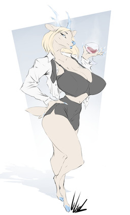 alcohol anthro antlers beverage blonde_hair bottomwear bra breasts cleavage clothed clothing container cup drinking_glass female fur glass glass_container glass_cup glowing glowing_antlers hair half-closed_eyes hooves horn lips narrowed_eyes necktie open_clothing open_shirt open_topwear shirt simple_background skirt smile solo thick_bottom_lip topwear underwear white_body white_fur wine wine_glass dullvivid deltarune undertale_(series) carol_holiday deer mammal new_world_deer reindeer absurd_res hi_res