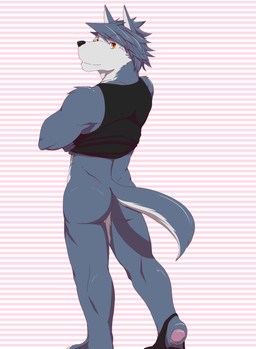 anthro athletic athletic_anthro athletic_male biped black_clothing black_nose black_shirt black_tank_top black_topwear bottomless bottomless_anthro bottomless_male butt clothed clothing clothing_around_one_leg crossed_arms feet fur grey_body grey_fur head_tuft hindpaw looking_at_viewer looking_back looking_back_at_viewer male multicolored_body multicolored_fur partially_clothed pattern_background pawpads paws pink_pawpads plantar_flexion presenting presenting_hindquarters raised_tail rear_view shirt simple_background smile solo standing striped_background tail tank_top topwear tuft two_tone_body two_tone_fur underwear underwear_around_one_leg underwear_down white_body white_fur yellow_eyes rotton morenatsu kouya_aotsuki canid canine canis domestic_dog husky mammal nordic_sled_dog spitz 2017 absurd_res hi_res