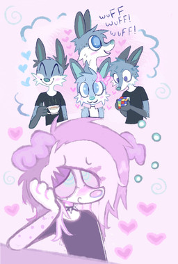 ^_^ alternative_fashion anthro barking black_clothing black_shirt black_t-shirt black_topwear blue_body blue_eyes blue_fur closed_smile clothing coffee_cup collar container cup duo emo eyes_closed female fur hair infatuation love male mouth_closed open_mouth open_smile pink_body pink_fur pink_hair scene_(fashion) scene_haircut shirt smile spiked_collar spikes t-shirt topwear wearing_collar spitthesauce emil_(demensa) canid canine canis coyote domestic_dog mammal 2025 digital_drawing_(artwork) digital_media_(artwork) hi_res