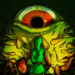 1_eye brown_hair clothing duo hair hat headgear headwear humanoid_pointy_ears musical_instrument pointy_ears recorder_(musical_instrument) red_eyes shield spikes wind_instrument woodwind_instrument ra-ooo nintendo the_legend_of_zelda link digdogger humanoid hylian monster 1:1