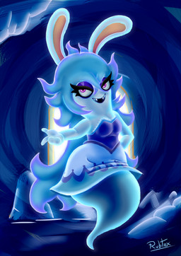 3_fingers anthro arms_bent blue_body blue_clothing blue_dress breasts clothed clothed_anthro clothed_female clothing dress eyelashes fangs female female_anthro fingers fur gesture hair half-closed_eyes hand_gesture legless light long_ears long_hair multicolored_body multicolored_clothing multicolored_dress multicolored_hair narrowed_eyes open_mouth open_smile pointing purple_eyelids purple_eyes small_breasts smile solo tan_inner_ear teeth white_body white_fur window rubtox mario_bros mario_plus_rabbids_sparks_of_hope nintendo raving_rabbids rayman_(series) ubisoft midnite_(mario_plus_rabbids) ghost hybrid lagomorph mammal rabbid spirit 2022 absurd_res colored crossover digital_drawing_(artwork) digital_media_(artwork) english_description hi_res lighting shaded