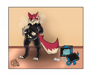 abdominal_bulge anthro claws clenched_teeth clothing digestion digestion_noises fangs foam fur gift hand_on_belly latex latex_clothing latex_skinsuit male muffled_speech note one_eye_closed skinsuit soft_vore solo sound_effects standing tail teeth text tight_clothing torn_clothing torn_skinsuit vore awoogasm vox_(awoogasm) canid canine canis mammal wolf 2021 signature