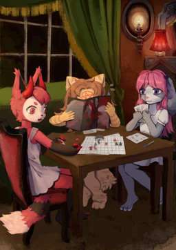 anthro brown_hair character_miniature curtains curtains_open d6 dice female group hair head_markings markings miniature_model paper pen pink_hair tabletop_game writing_utensil young young_anthro faiv dungeons_and_dragons hasbro wizards_of_the_coast evadam_kupfermetzger satin_djofulsdottir sophia_hellstrand bovid canid canine canis caprine domestic_cat domestic_dog felid feline felis fox goat hybrid mammal norwegian_forest_cat absurd_res hi_res nonbinary_(lore) trans_(lore) trans_woman_(lore)
