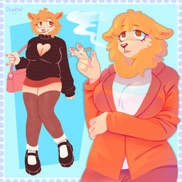anthro belly big_breasts breasts cigarette cleavage_cutout clothing cutout female humanoid_hands legwear pattern_clothing pattern_sweater pattern_topwear smoking smoking_cigarette solo stockings striped_clothing striped_sweater striped_topwear stripes suit sweater topwear orangfloof beastars sebun_(beastars) bovid caprine domestic_sheep mammal merino_sheep sheep 1:1 hi_res