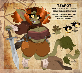 anthro bandage belly body_hair chest_tuft claws dagger eyelashes female freckled_face freckles fur green_body green_fur hair happy_trail long_eyelashes long_tail medieval_clothing medieval_fantasy melee_weapon orange_hair pigtails pink_nose sharp_teeth shortstack shortstack_female slightly_chubby slightly_chubby_anthro slightly_chubby_female solo sword tail tail_tuft teeth text tuft weapon whiskers deaniealaska dungeons_and_dragons hasbro wizards_of_the_coast teapot_(deaniealaska) domestic_cat felid feline felis goblin hybrid mammal tabaxi absurd_res digital_media_(artwork) english_text hi_res model_sheet