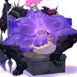 armor axe big_breasts big_nipples bodily_fluids bone boots breasts clothing crown crystal cum cum_in_goo duo ejaculation female female_humanoid female_on_top fire flaming_hair footwear gauntlets genital_fluids gloves handwear headgear larger_female larger_humanoid male male/female male_human male_on_bottom mature_female nipples on_bottom on_top pseudo_hair shoes size_difference skull skull_head smaller_human smaller_male spikes teratophilia cosmicdanger xylax_(homura) goo_creature goo_humanoid human humanoid mammal monster 1:1 hi_res