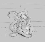 anthro barefoot big_ears bottomwear clothing container cookie cookie_jar eating feet female food jar long_tail shirt shorts sitting solo t-shirt tail text topwear robin_dassen european_mythology mythology twin_dragons_(webcomic) kaya_(twin_dragons) dragon mythological_creature mythological_scalie scalie western_dragon english_text sketch