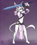 anthro blue_eyes bracelet clothed clothing cosplay crossdressing femboy hair headgear holding_melee_weapon holding_object holding_sword holding_weapon jewelry looking_at_viewer male melee_weapon pink_nose plantigrade pose simple_background solo standing sword tail tail_tuft tuft weapon white_body white_clothing white_hair lichfang urusei_yatsura dipodid jerboa mammal rodent 2021 hi_res