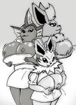 anthro big_breasts bodily_fluids breast_squeezing breasts clothed clothing exposed_breasts female group holding_breast lactating nipples topless trio yozothescribe nintendo pokemon eeveelution flareon generation_1_pokemon jolteon pokemon_(species) vaporeon hi_res monochrome