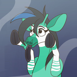 black_eyebrows black_hair black_hooves black_tongue eyebrows female feral fur green_body green_fur green_horn hair hooves horn leg_markings markings multicolored_body multicolored_fur socks_(marking) solo tongue tongue_out toony s7v8 giraffid mammal okapi 1:1