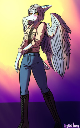 anthro black_boots black_clothing black_footwear black_shirt black_topwear blue_body blush bone_frill boots bottomwear breasts clothed clothed_anthro clothed_female clothing denim denim_bottomwear denim_clothing feathered_wings feathers female fingers footwear frill_(anatomy) front_view gradient_background grey_body grey_feathers grey_hair hair happy humanoid_hands jacket jeans knee_boots knee_highs legwear looking_at_viewer looking_down low-angle_view markings medium_breasts medium_hair non-mammal_breasts pants pose shirt shoes short_tail simple_background smile solo standing striped_markings stripes tail tan_clothing tan_jacket tan_topwear text topwear wings bigboitony cavemanon_studios goodbye_volcano_high ko_op_(game_developer) snoot_game fang_(gvh) prehistoric_species pterosaur reptile scalie absurd_res artist_name colored full-length_portrait hi_res portrait shaded