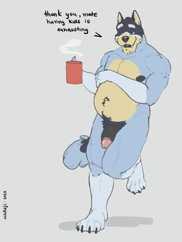 anthro belly beverage big_penis claws coffee coffee_mug container cup dialogue eyebrows flaccid fur genitals grey_background holding_beverage holding_container holding_cup holding_mug holding_object humanoid_genitalia humanoid_penis male mature_anthro mature_male moobs mug narrowed_eyes navel nipples nude penis pubes shadow simple_background slightly_chubby slightly_chubby_anthro slightly_chubby_male smile solo standing steam teeth text thick_penis tongue tuft big_wada bluey_(series) bandit_heeler australian_cattle_dog canid canine canis cattledog domestic_dog herding_dog mammal pastoral_dog 2023 3:4 absurd_res dated english_text hi_res signature