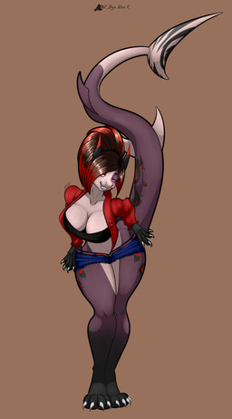 anthro bedroom_eyes big_breasts black_bra black_clothing black_ears black_markings black_underwear bottomwear bra breasts brown_background brown_hair claws cleavage clothed clothing countershade_legs countershade_thighs countershade_torso countershading dipstick_ears dipstick_tail ear_markings female fin finger_claws front_view hair half-closed_eyes hotpants leaning leaning_forward leg_markings looking_at_viewer markings minishorts multicolored_ears multicolored_hair narrowed_eyes navel non-mammal_breasts pink_eyes pose purple_body red_clothing red_ear_tips red_hair red_markings red_topwear seductive shorts simple_background smile socks_(marking) solo standing tail tail_fin tail_markings tan_body tan_countershading tan_tail_tip teasing teeth toe_claws topwear two_tone_hair underwear undressing white_body white_claws white_countershading diego_silva aquatic fish shark absurd_res hi_res pinup