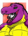 abstract_background ahegao almost_fully_inside anthro bodily_fluids drooling duo eyebrows green_eyes head_in_mouth in_throat looking_pleasured looking_up male male/male multicolored_body multicolored_scales open_mouth oral_vore partially_inside pecs purple_body purple_skin saliva scales simple_background smile smirk snout swallowing teeth thick_neck tongue vore willing_pred willing_prey yellow_body yellow_skin death-toaster octariax rick_hulser alligator alligatorid crocodilian equid equine mammal reptile scalie zebra hi_res