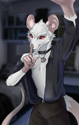 anthro bald_tail bare_shoulders bedroom black_clothing black_collar black_shirt black_topwear blurred_background bottomwear brown_bottomwear brown_clothing brown_pants buckled_collar chest_fur clothing collar finger_on_nose fur grey_background half_naked hand_on_face jewelry looking_at_viewer male pants pendant raised_hand rat_tail red_eyes seashell shell shirt short simple_background slim smile solo tail talisman topwear unbuttoned_shirt white_body white_fur white_rat domssanoytryapki rikkit_(rat) mammal murid murine rat rodent 2025 absurd_res digital_drawing_(artwork) digital_media_(artwork) hi_res signature