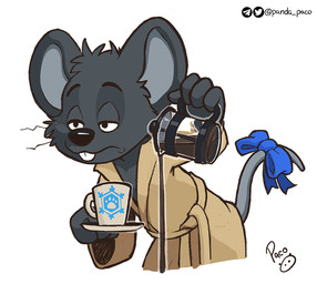 accessory anthro bathrobe beverage black_nose bow_ribbon cheek_tuft clothed clothing coffee container cup facial_tuft fur furgonomics grey_body grey_fur head_tuft male mouth_closed narrowed_eyes ribbons robe simple_background solo tail tail_accessory tail_bow tail_ribbon tan_clothing tired tuft white_background young young_anthro young_male pandapaco mausie_(character) mammal mouse murid murine rodent