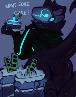 anthro bent_legs birthday_cake bodily_fluids butt cake cake_slice candle clothing dessert electronics food glistening glistening_butt glowing hoodie looking_at_viewer looking_back looking_back_at_viewer machine male neck_tuft presenting presenting_hindquarters protogen_visor raised_tail solo sparkles sweat sweatdrop sweaty_butt tail topwear tuft chompingbit alley_the_toaster protogen absurd_res hi_res