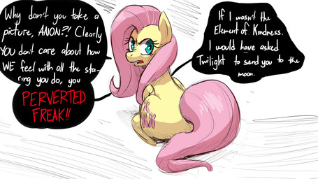 angry butt cutie_mark dialogue female feral folded_wings fur hair mane offscreen_character open_mouth pink_hair pink_mane rear_view simple_background sitting solo speech_bubble talking_to_viewer teal_eyes text unwanted_attention white_background wings yellow_body yellow_fur hitsuji friendship_is_magic hasbro my_little_pony mythology anon fluttershy_(mlp) equid equine mammal mythological_creature mythological_equine pegasus 16:9 english_text hi_res widescreen