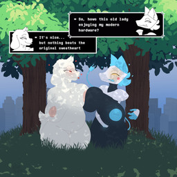 anthro areola big_breasts biped blue_nipples breast_squish breasts breasts_frottage duo exhibitionism female female/female floating_hands fur grass hair heart_symbol huge_breasts looking_at_another machine nipples nude pink_nipples plant pressing_breasts_together public public_nudity slightly_chubby speech_bubble squish text tongue tongue_out tree white_body white_fur yellowhighlite deltarune undertale_(series) tasque_manager toriel android bovid caprine darkner felid feline goat mammal robot 1:1 2024 absurd_res english_text hi_res